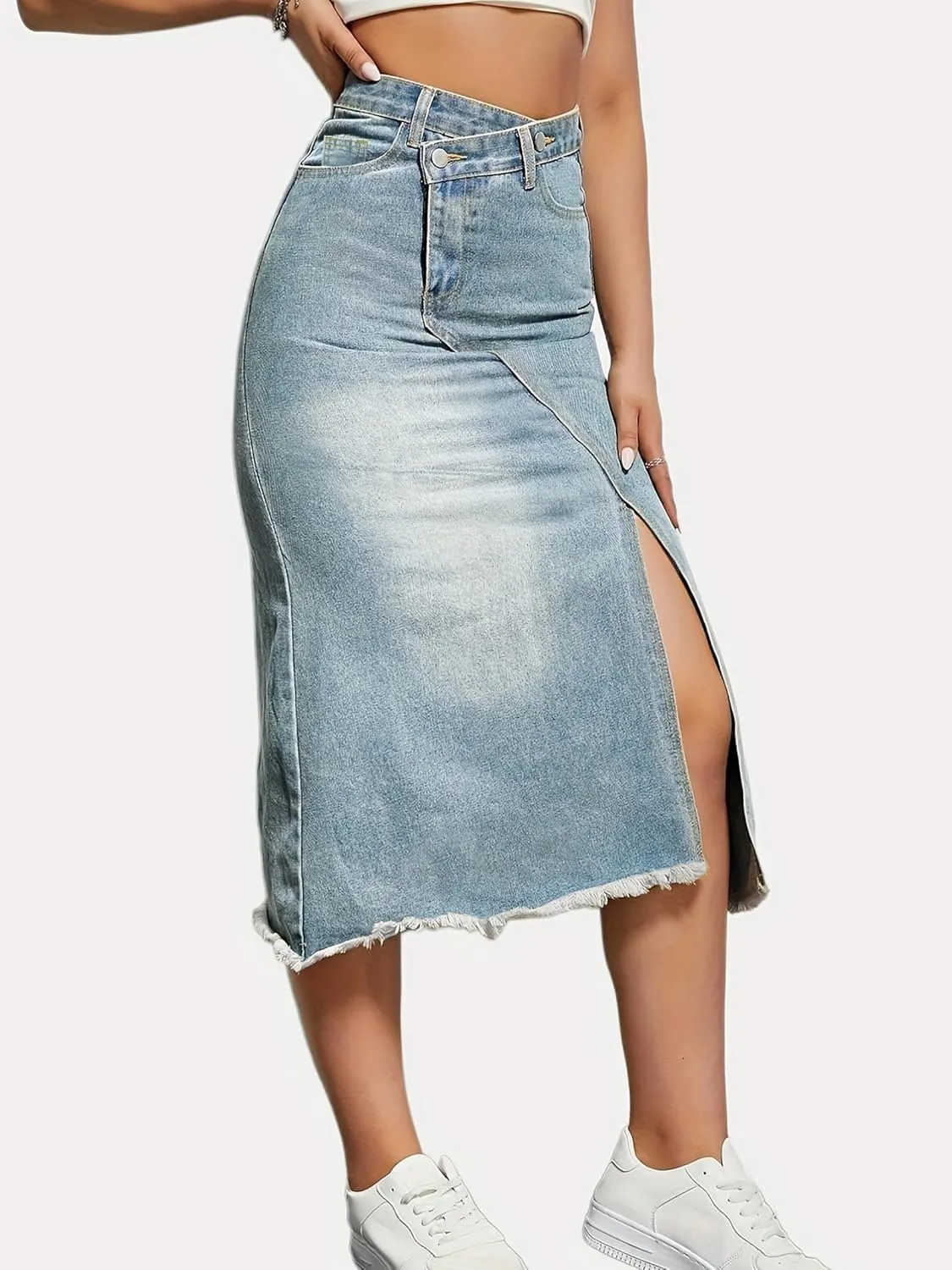 Conshvi Womens High Waisted Wrap Denim Midi Skirt Distressed Raw Hem Bodycon A line Jean Long Skirt