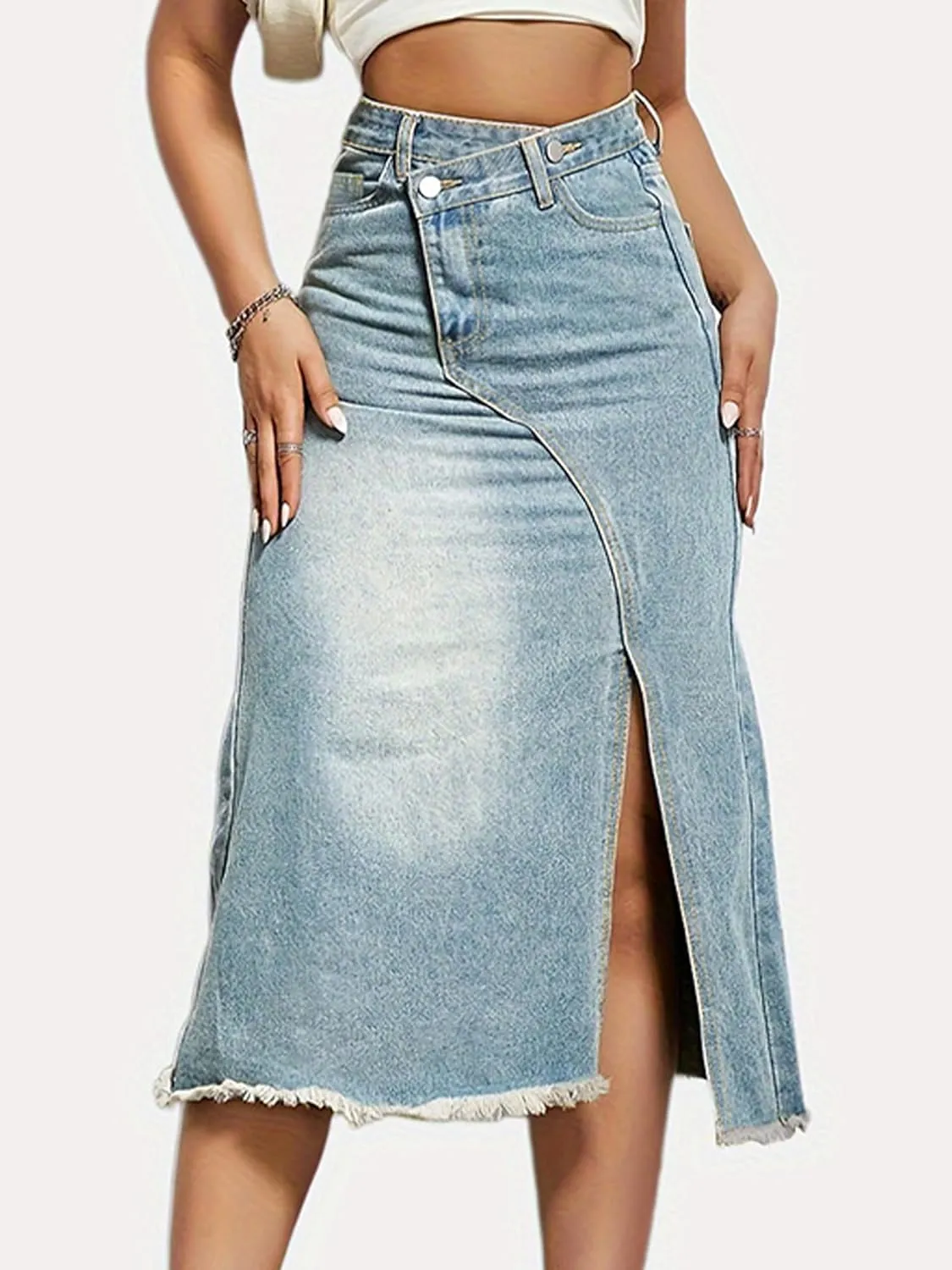 Conshvi Womens High Waisted Wrap Denim Midi Skirt Distressed Raw Hem Bodycon A line Jean Long Skirt