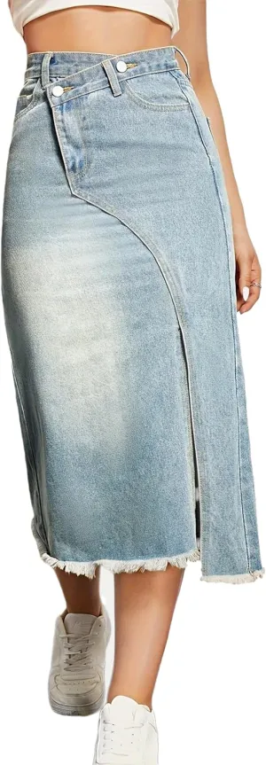 Conshvi Womens High Waisted Wrap Denim Midi Skirt Distressed Raw Hem Bodycon A line Jean Long Skirt