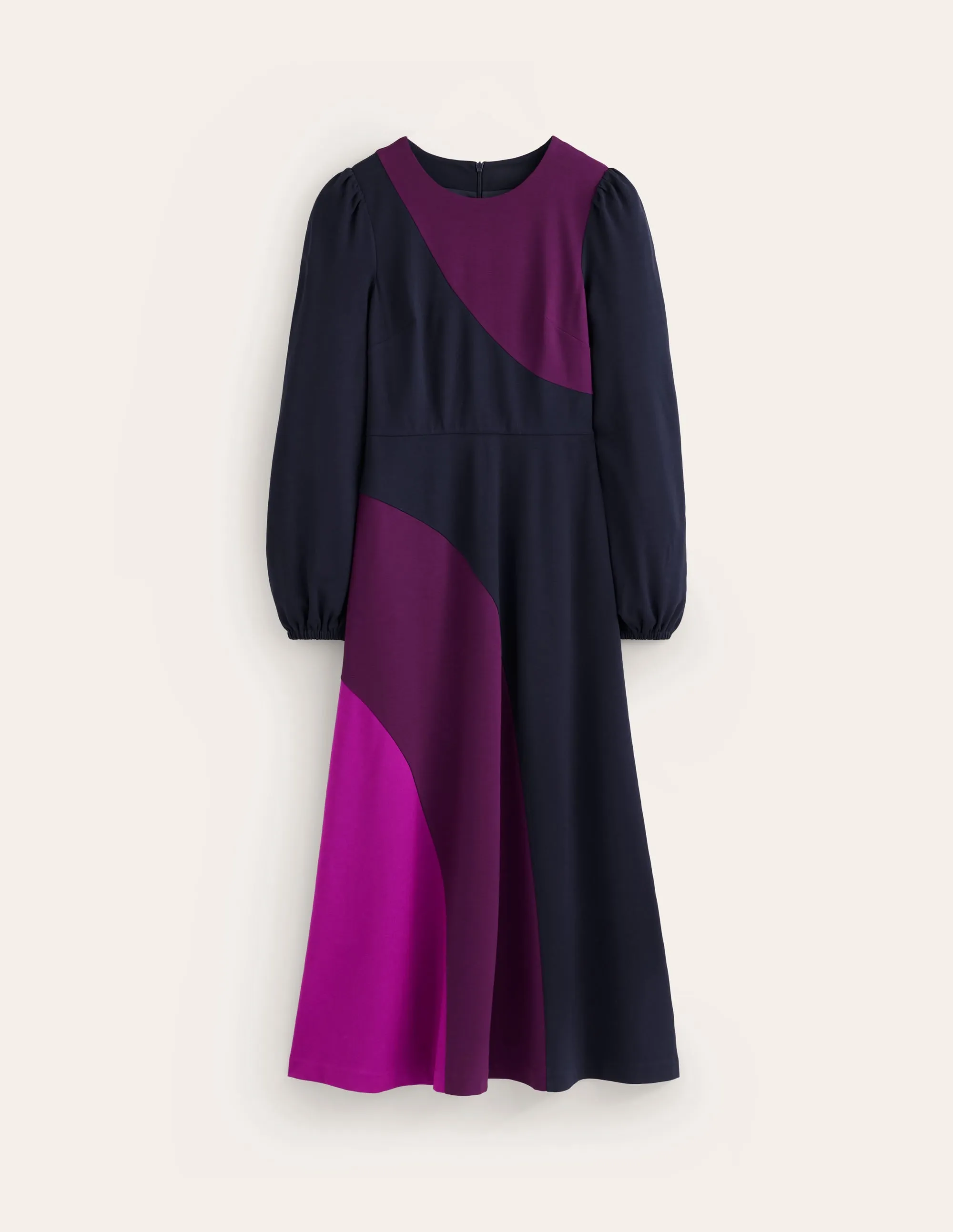 Crew Neck Ponte Dress-Navy, Damson Colourblock