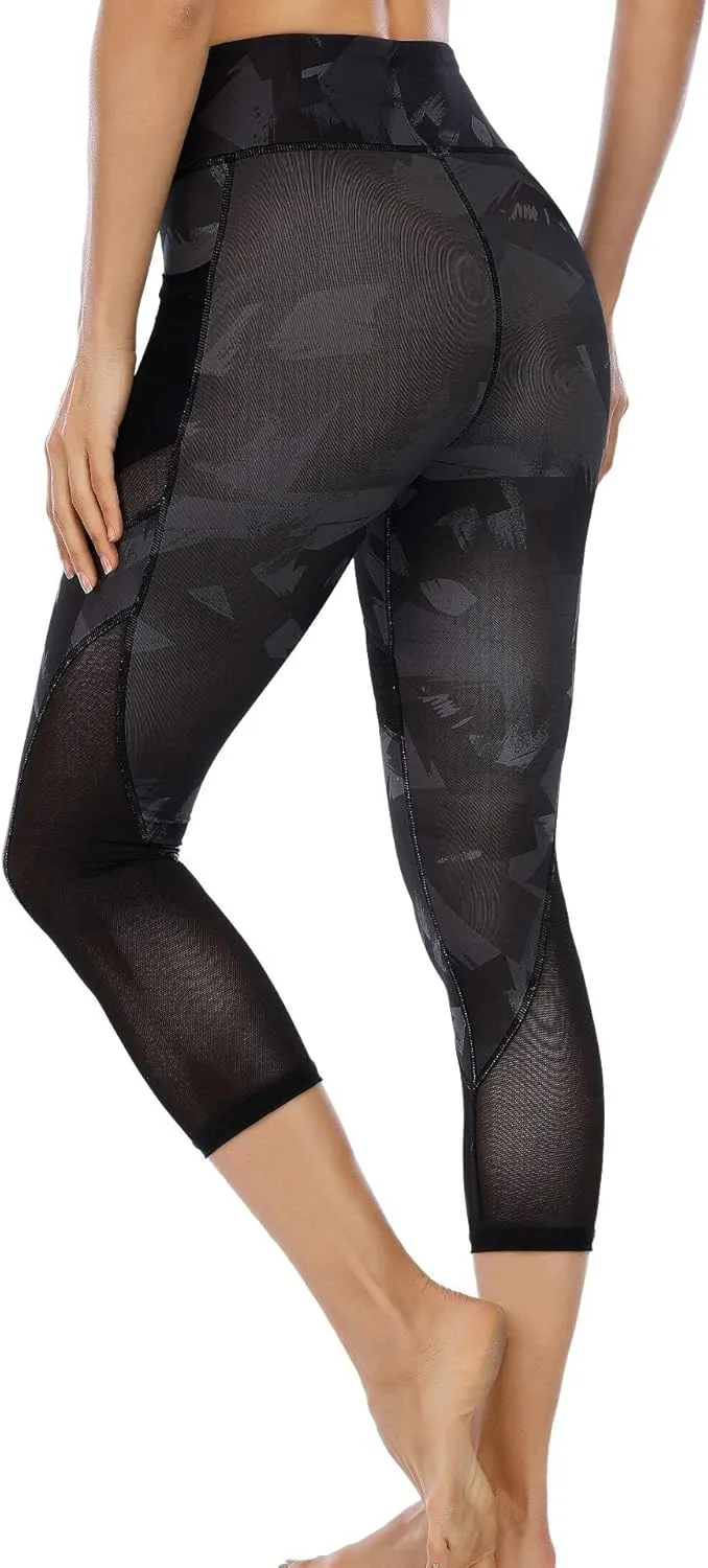 CSTOWN Women's High Waist Yoga Pants with Side Pockets Stretchy Mesh Insert Workout Leggings Tummy Control Yoga Tights