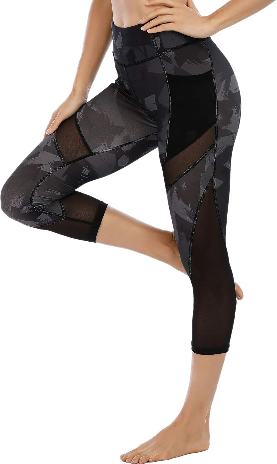 CSTOWN Women's High Waist Yoga Pants with Side Pockets Stretchy Mesh Insert Workout Leggings Tummy Control Yoga Tights