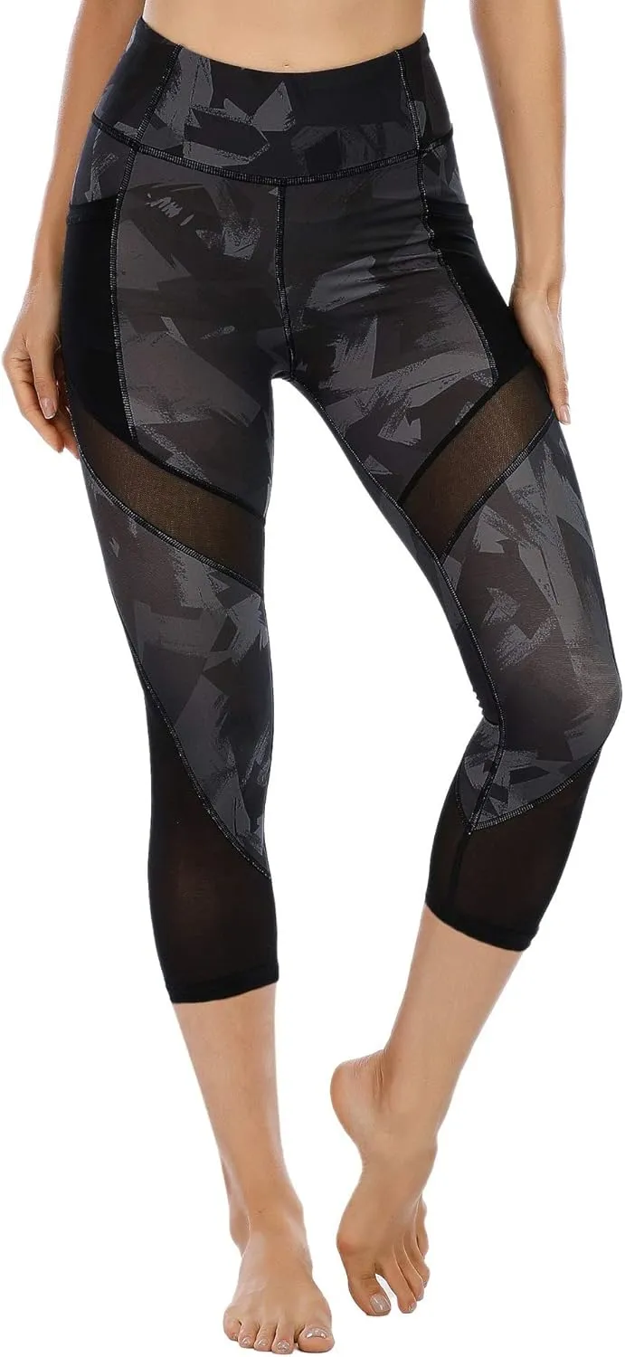CSTOWN Women's High Waist Yoga Pants with Side Pockets Stretchy Mesh Insert Workout Leggings Tummy Control Yoga Tights