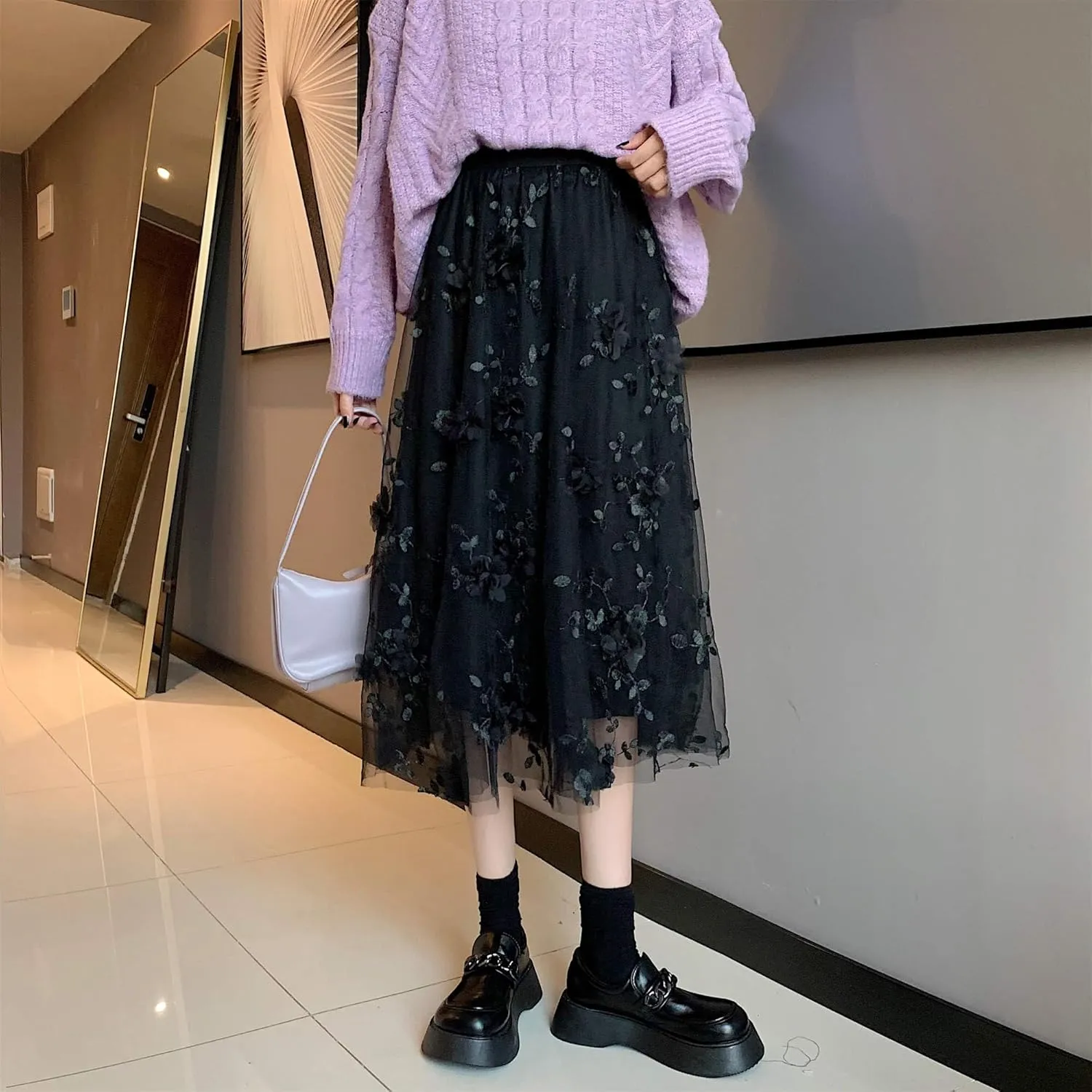 Cute Floral High Waisted Tulle Skirts for Women Trendy Summer Pleated Layered Mesh Long Flowy A Line Midi Fairy Skirt