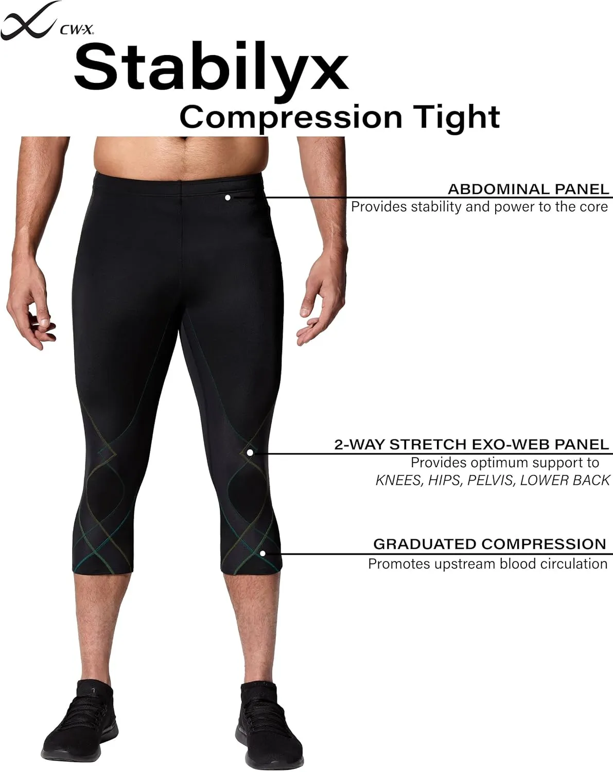 CW-X Men's Stabilyx Joint Support 3/4 Compression Tight, Capri Pants for Running and Recovery