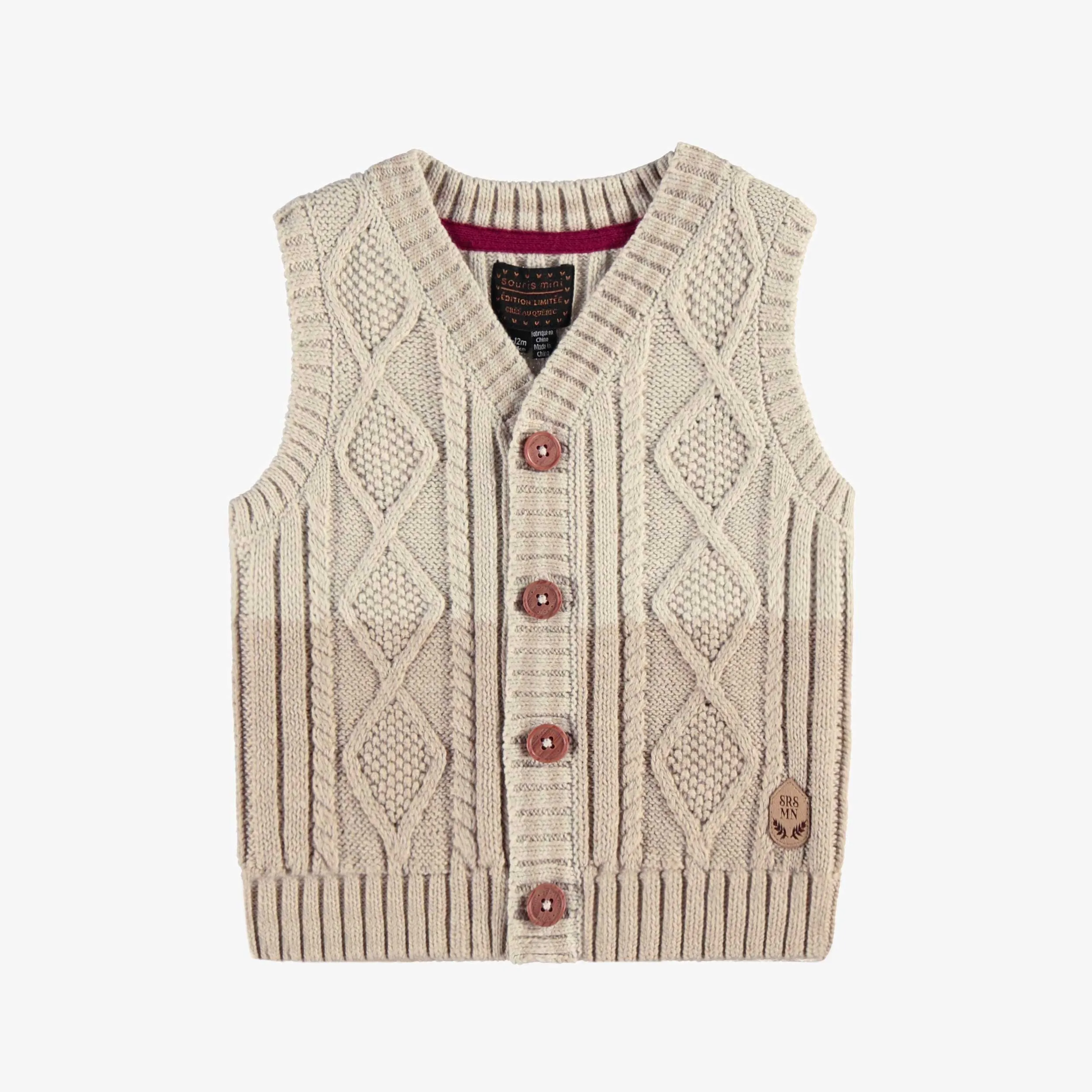 Débardeur beige en tricot torsadée, enfant || Beige cable-knit sleeveless vest, child