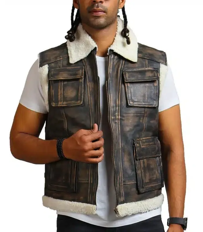 Designer Men Faux Fur Distressed Black Leather Jacket