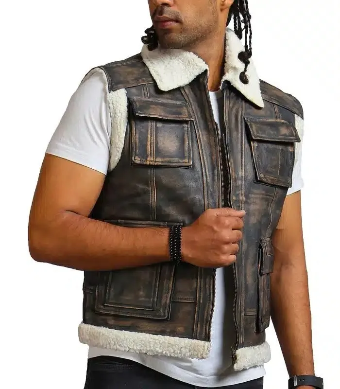 Designer Men Faux Fur Distressed Black Leather Jacket