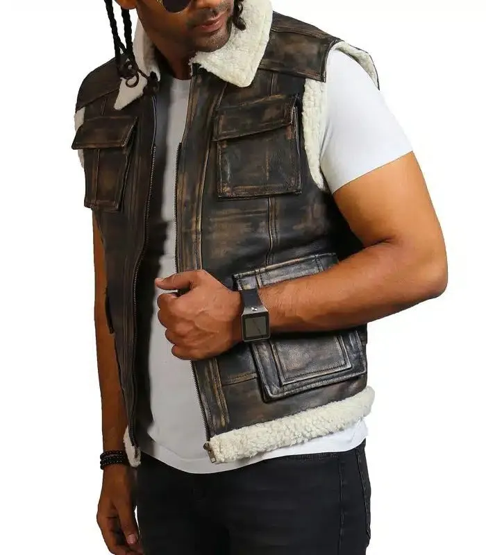 Designer Men Faux Fur Distressed Black Leather Jacket