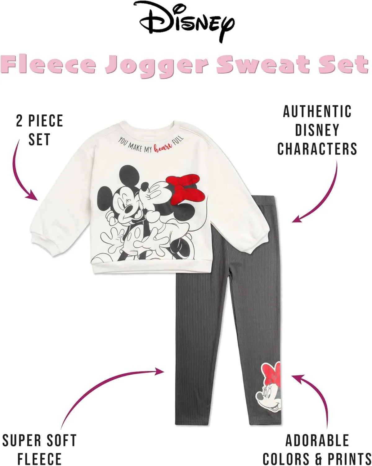 Disney Girls Minnie Mouse Fleece Jogger Pants Set  Minnie Mouse Fleece Sweatshirt and Sweatpants (2T-6X)