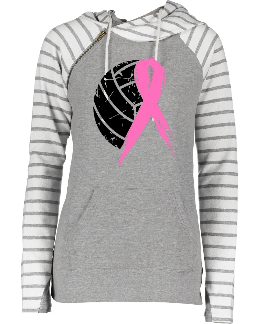 Distressed Half Ball Half Ribbon Volleyball Pink Out Breast Cancer Awareness Women's Cowl Double Hood Top