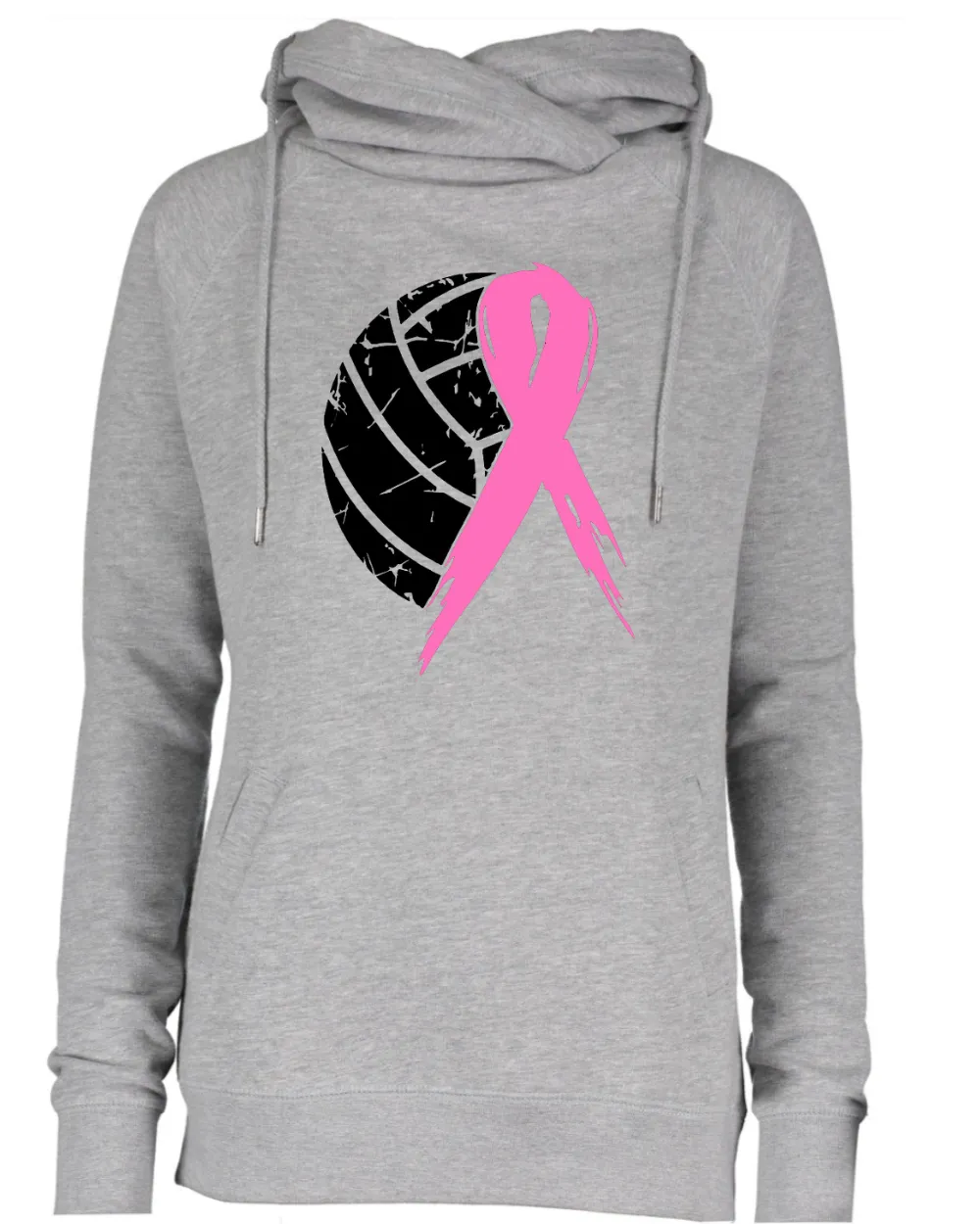 Distressed Half Ball Half Ribbon Volleyball Pink Out Breast Cancer Awareness Women's Cowl Double Hood Top
