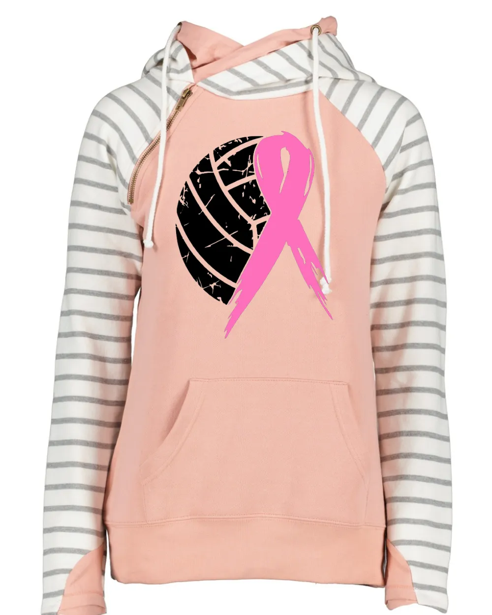 Distressed Half Ball Half Ribbon Volleyball Pink Out Breast Cancer Awareness Women's Cowl Double Hood Top