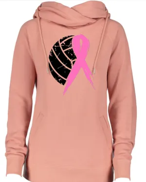 Distressed Half Ball Half Ribbon Volleyball Pink Out Breast Cancer Awareness Women's Cowl Double Hood Top
