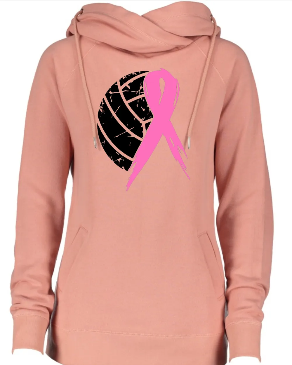 Distressed Half Ball Half Ribbon Volleyball Pink Out Breast Cancer Awareness Women's Cowl Double Hood Top