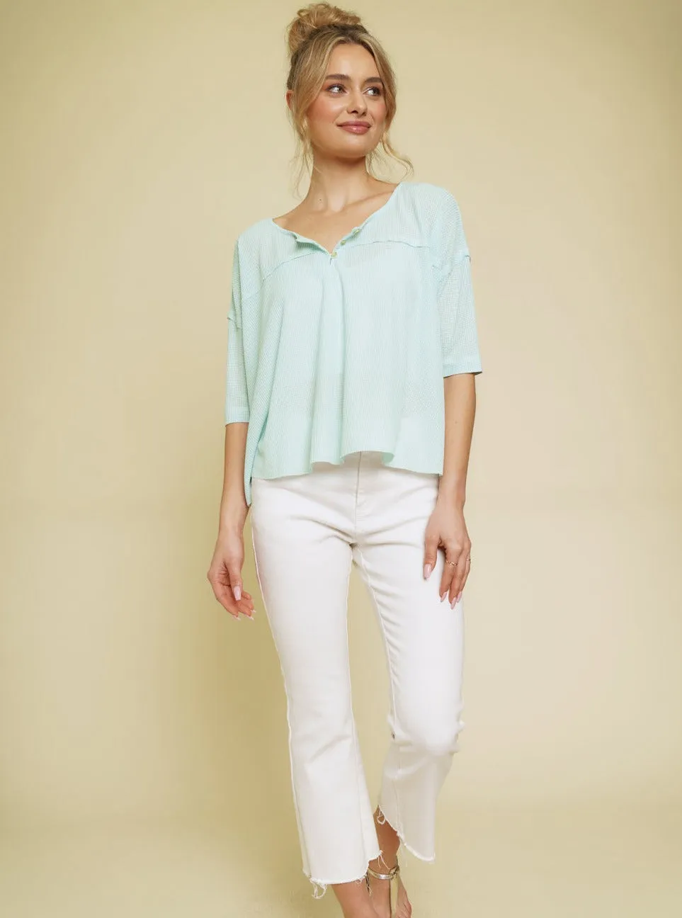 Drop Shoulder Oversize Henley Top [Sky Blue-57406]