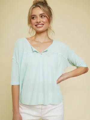 Drop Shoulder Oversize Henley Top [Sky Blue-57406]
