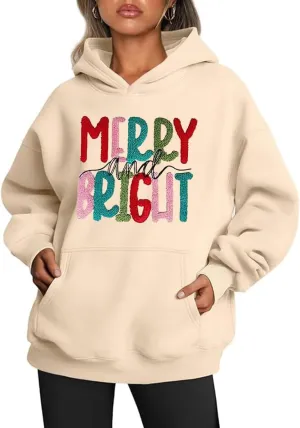 Earlymemb Women's Merry Christmas Oversized Hoodies Fleece Sweatshirts Funny Chenille Patch Xmas Holiday Pullover with Pocket