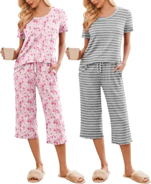 Ekouaer 2 Pack: Women's Pajamas Set Short Sleeve Sleepwear Capri Pants Pjs Soft Loungewear with Pockets