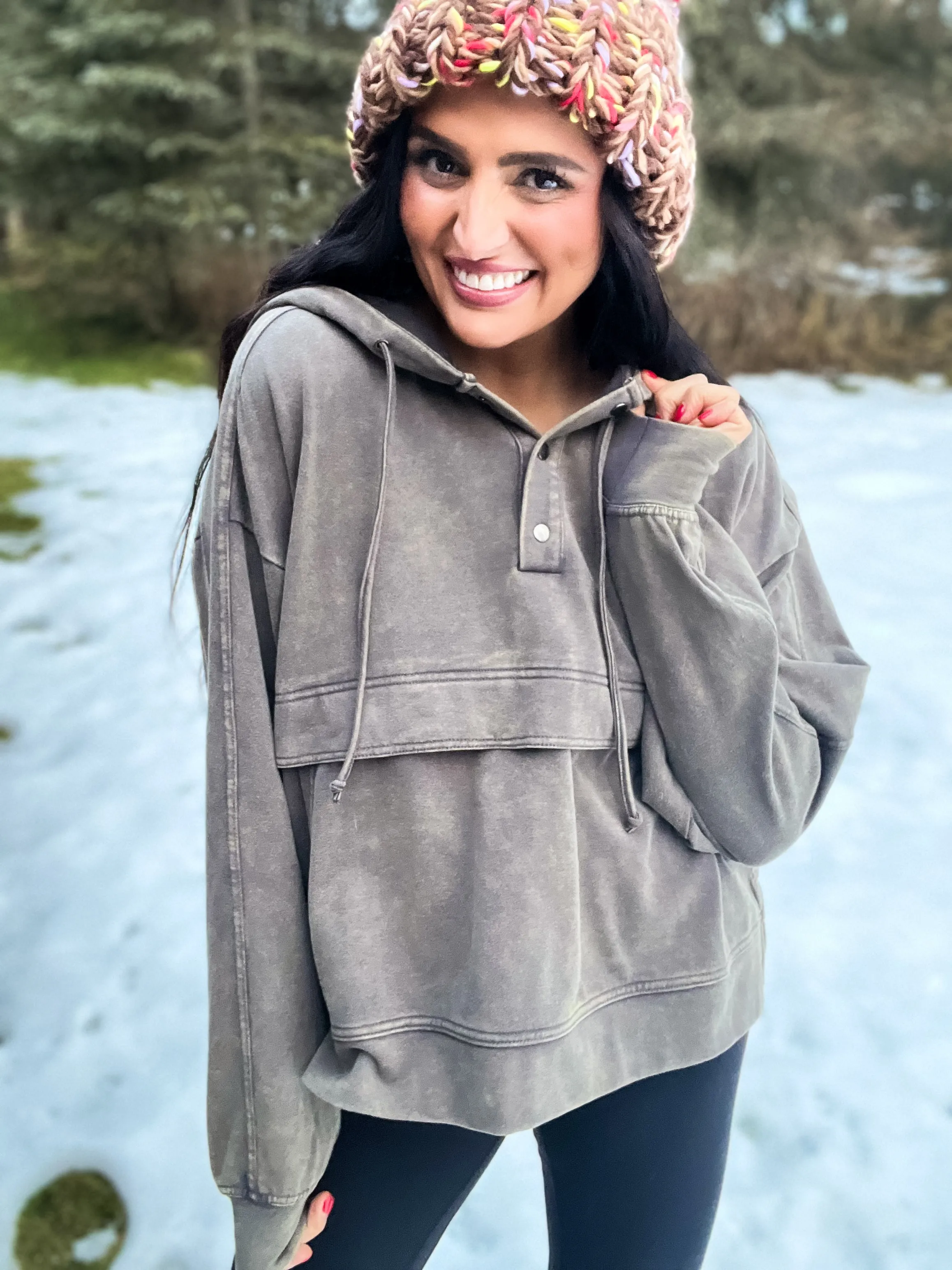 Erica Washed Knit Hoodie- Charcoal