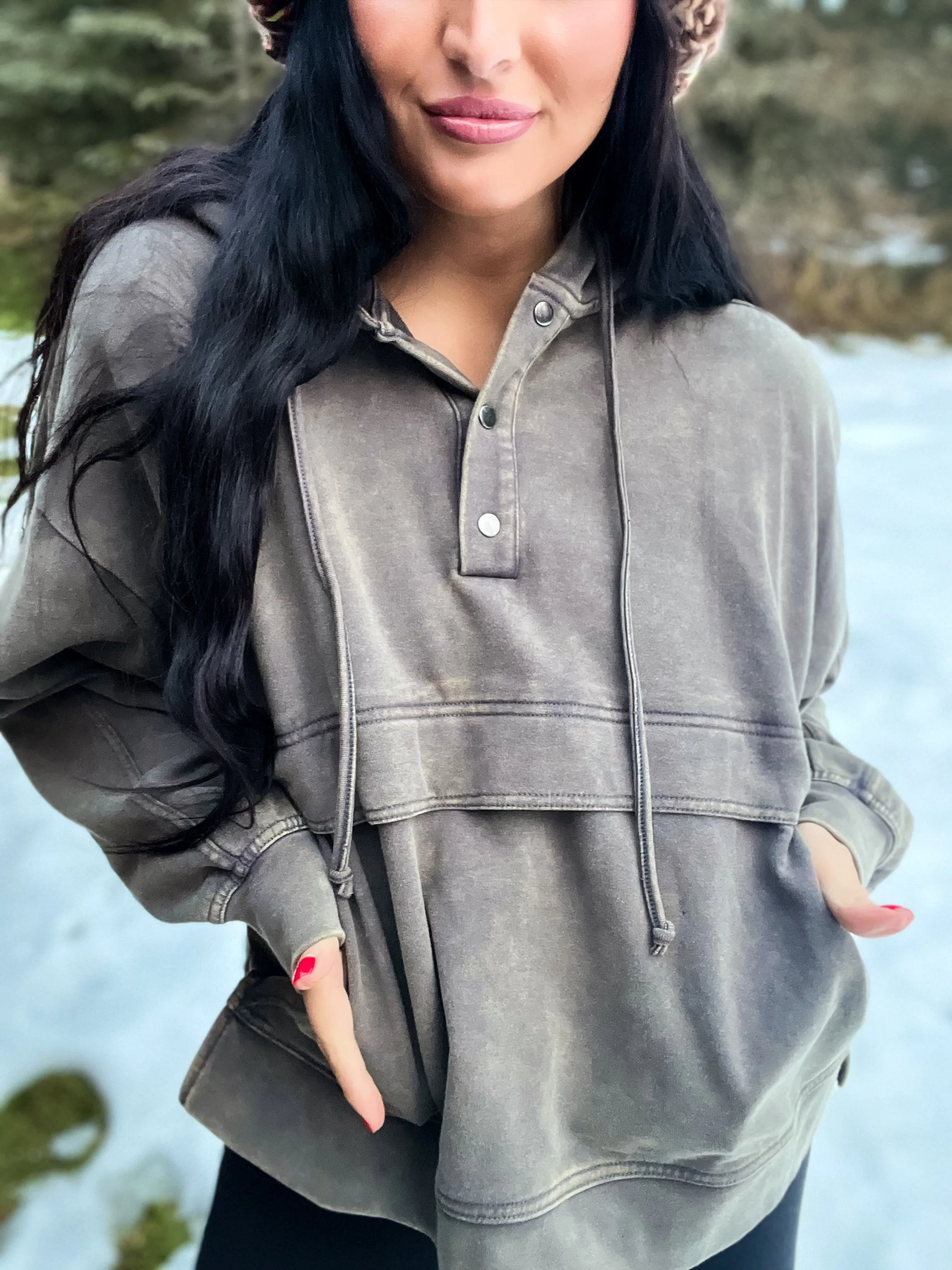 Erica Washed Knit Hoodie- Charcoal