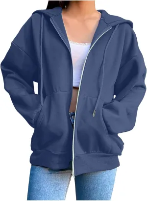 Fenleo Womens Zip Up Hoodies Long Sleeve Oversized Sweatshirts Fall Outfits Pockets Patchwork Hoodie for Women