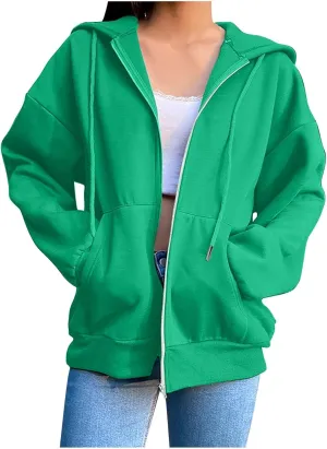 Fenleo Womens Zip Up Hoodies Long Sleeve Oversized Sweatshirts Fall Outfits Pockets Patchwork Hoodie for Women