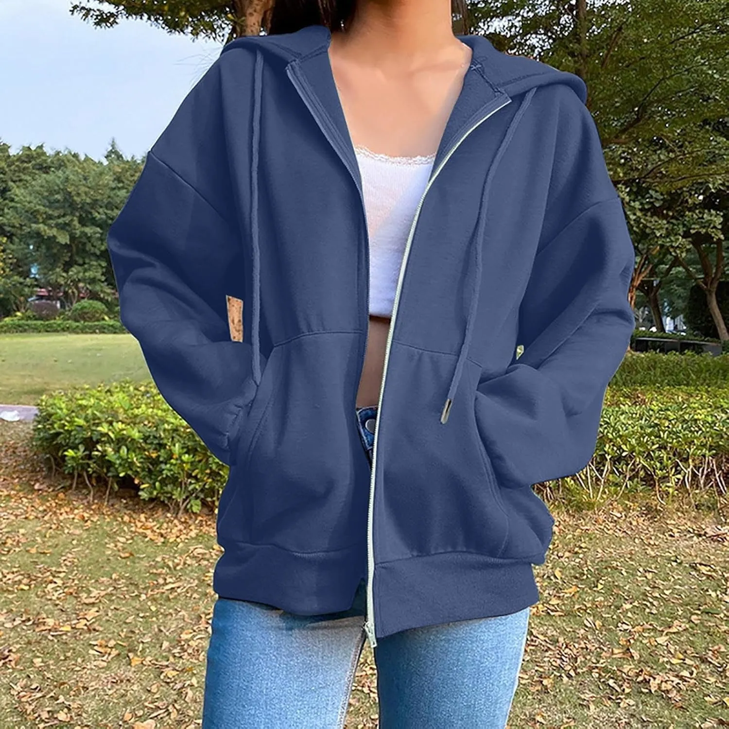 Fenleo Womens Zip Up Hoodies Long Sleeve Oversized Sweatshirts Fall Outfits Pockets Patchwork Hoodie for Women