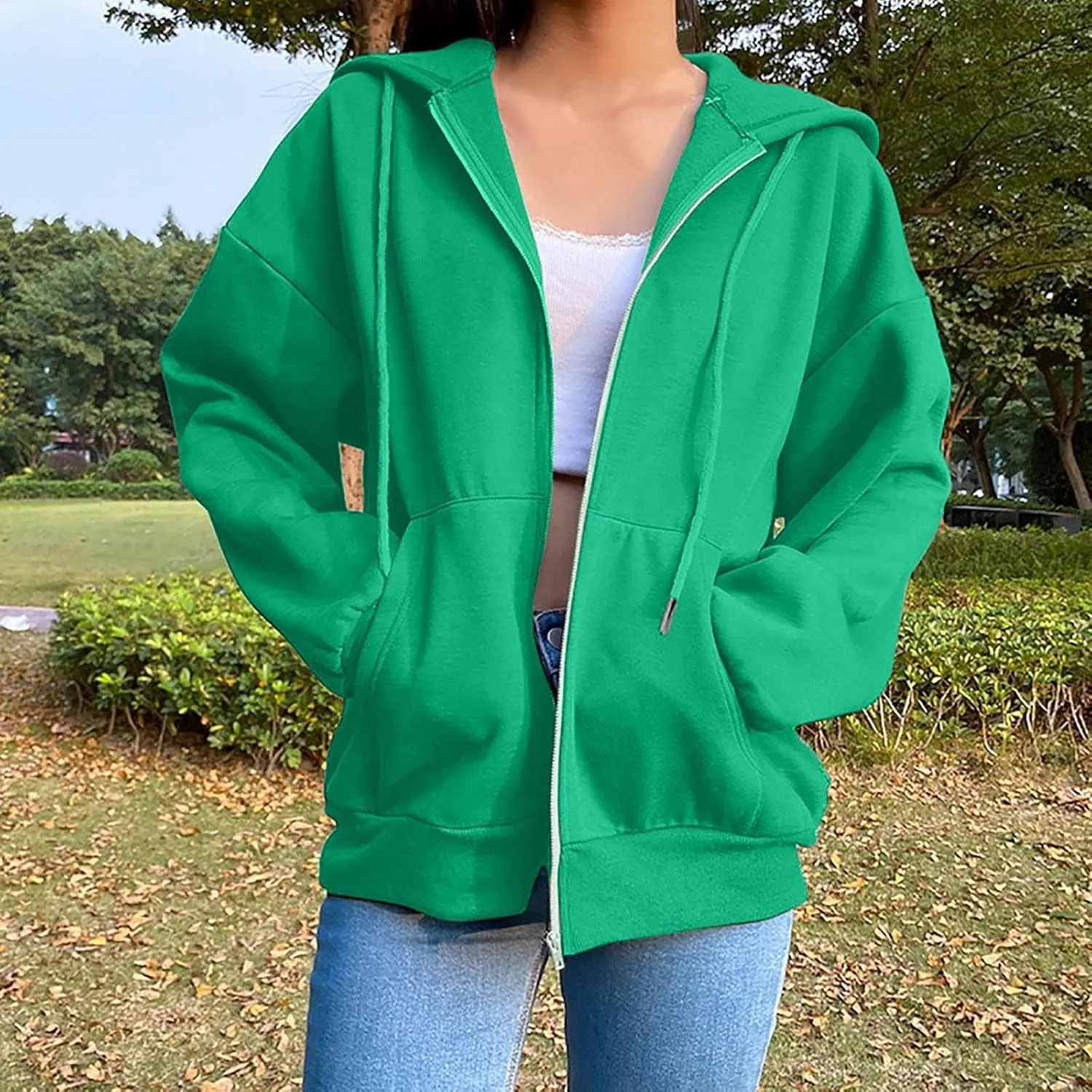 Fenleo Womens Zip Up Hoodies Long Sleeve Oversized Sweatshirts Fall Outfits Pockets Patchwork Hoodie for Women