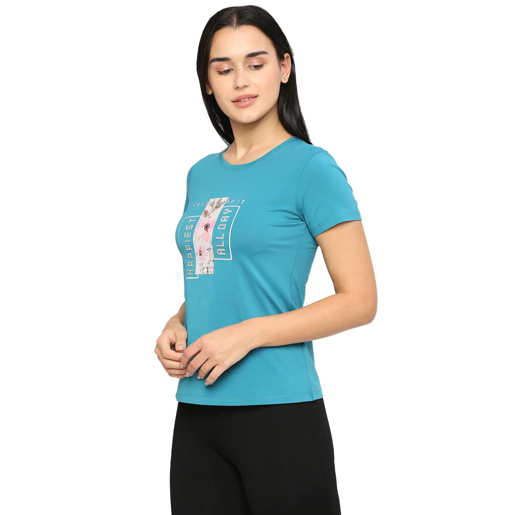FLOWER & TEXTURED PRINTED SIDE SLIT COTTON T-SHIRT FOR WOMEN