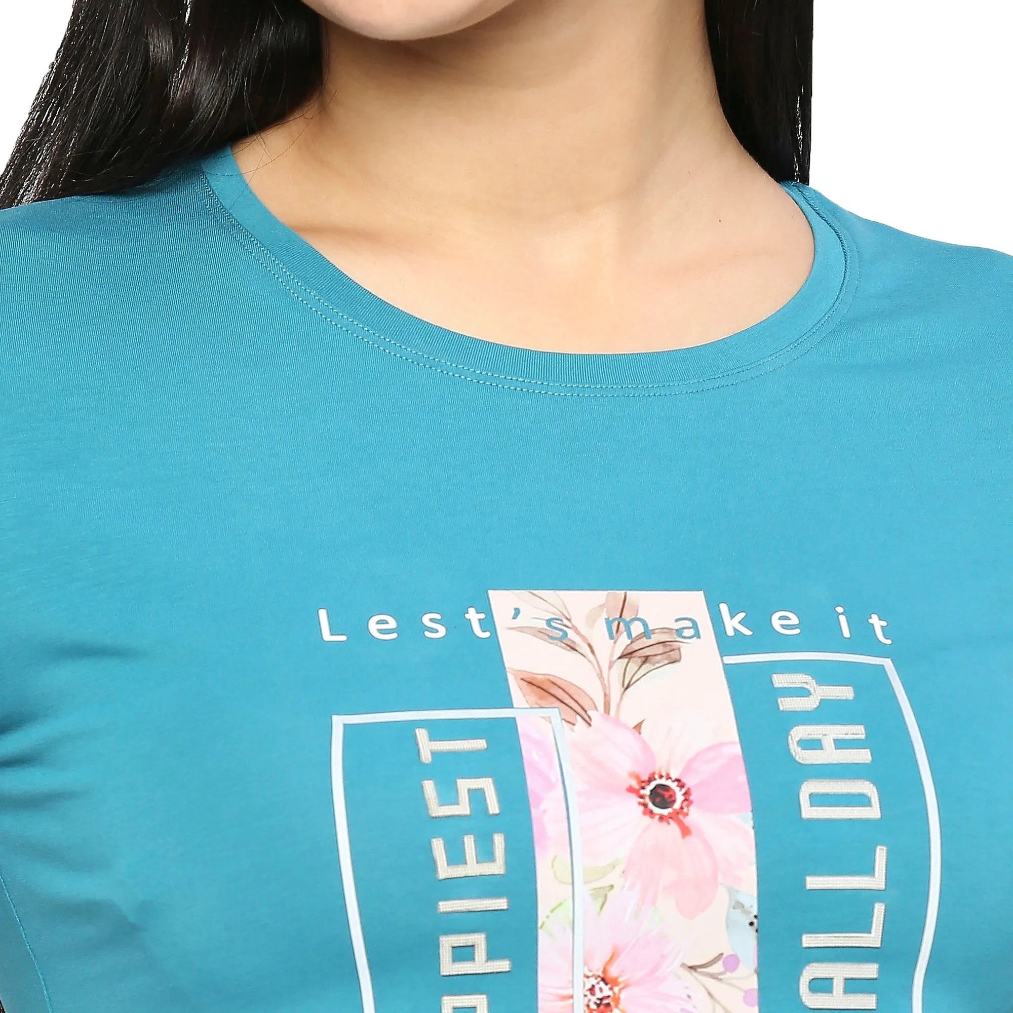 FLOWER & TEXTURED PRINTED SIDE SLIT COTTON T-SHIRT FOR WOMEN