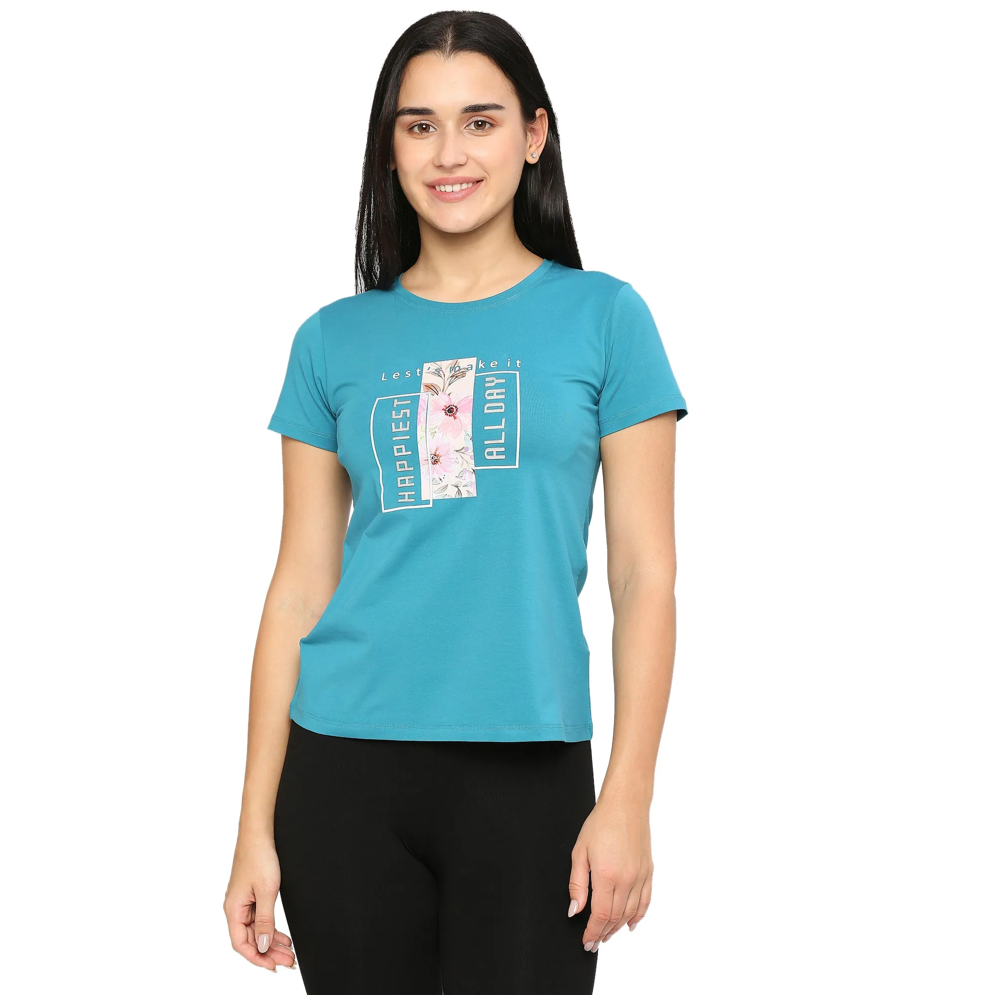 FLOWER & TEXTURED PRINTED SIDE SLIT COTTON T-SHIRT FOR WOMEN