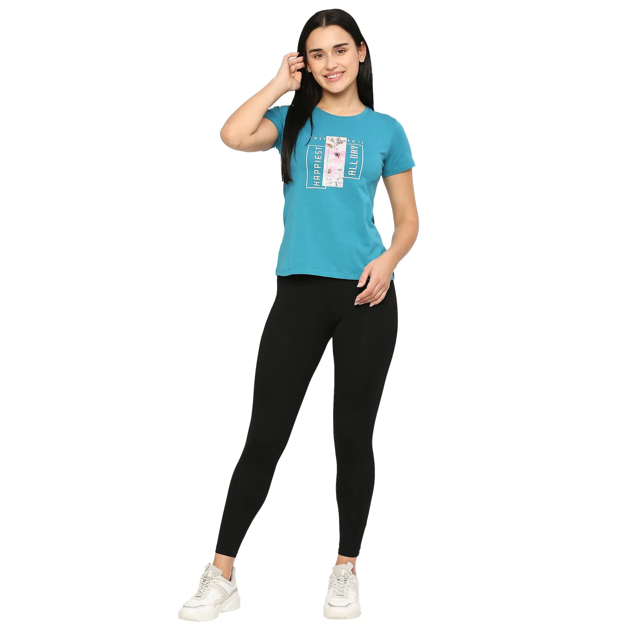 FLOWER & TEXTURED PRINTED SIDE SLIT COTTON T-SHIRT FOR WOMEN