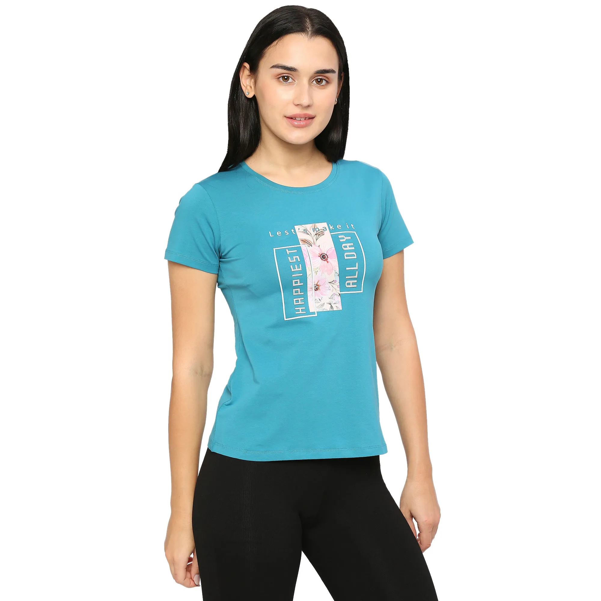FLOWER & TEXTURED PRINTED SIDE SLIT COTTON T-SHIRT FOR WOMEN