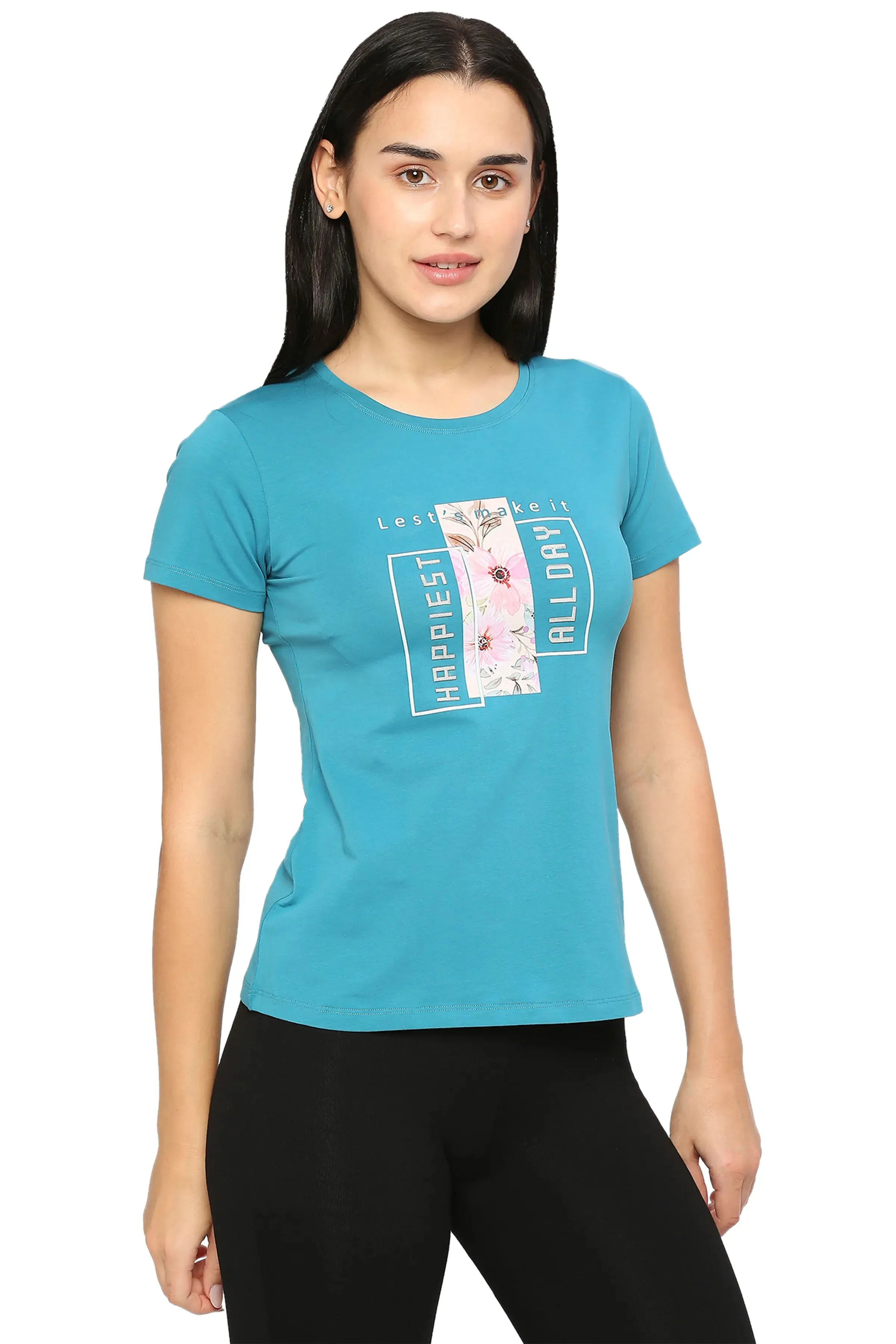 FLOWER & TEXTURED PRINTED SIDE SLIT COTTON T-SHIRT FOR WOMEN
