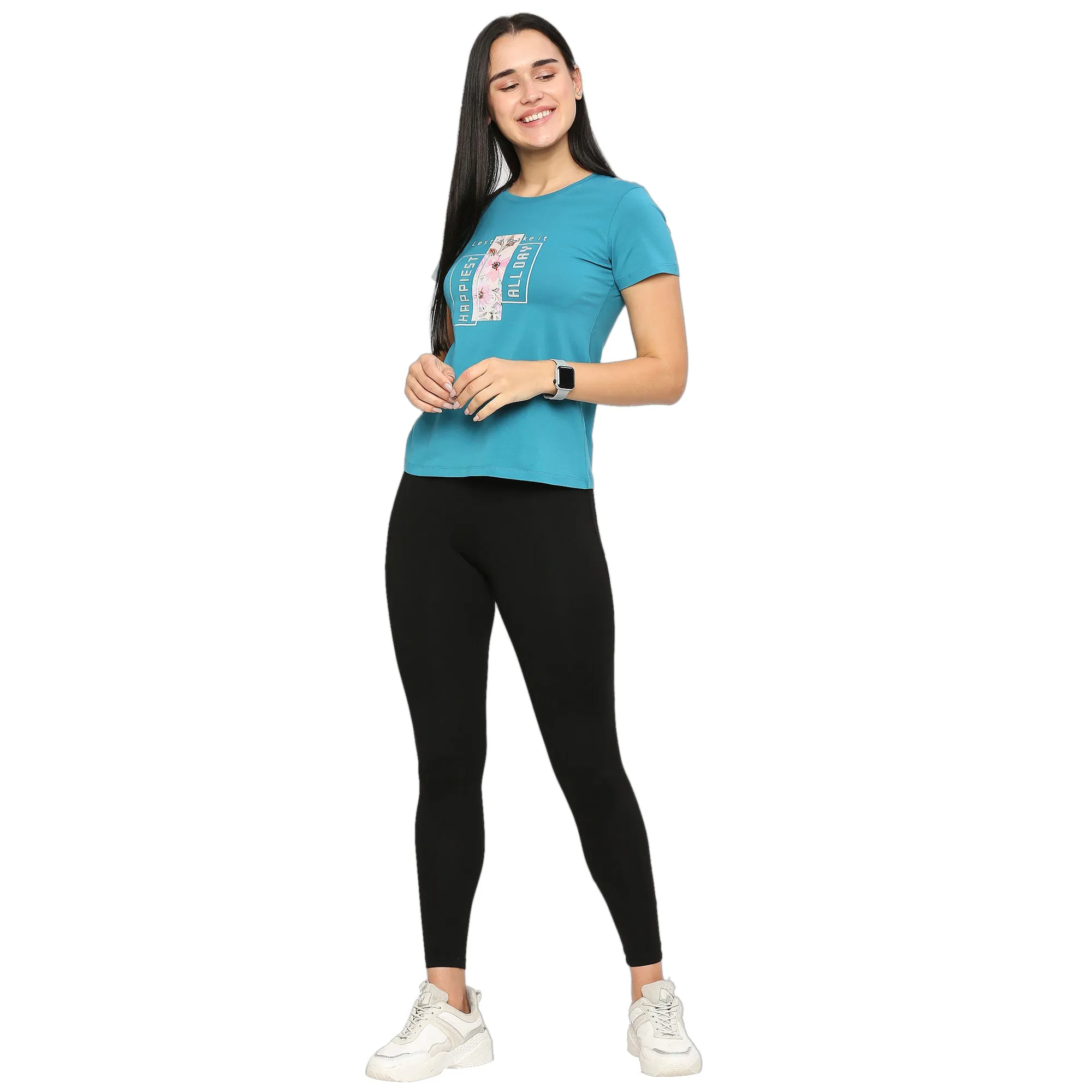 FLOWER & TEXTURED PRINTED SIDE SLIT COTTON T-SHIRT FOR WOMEN