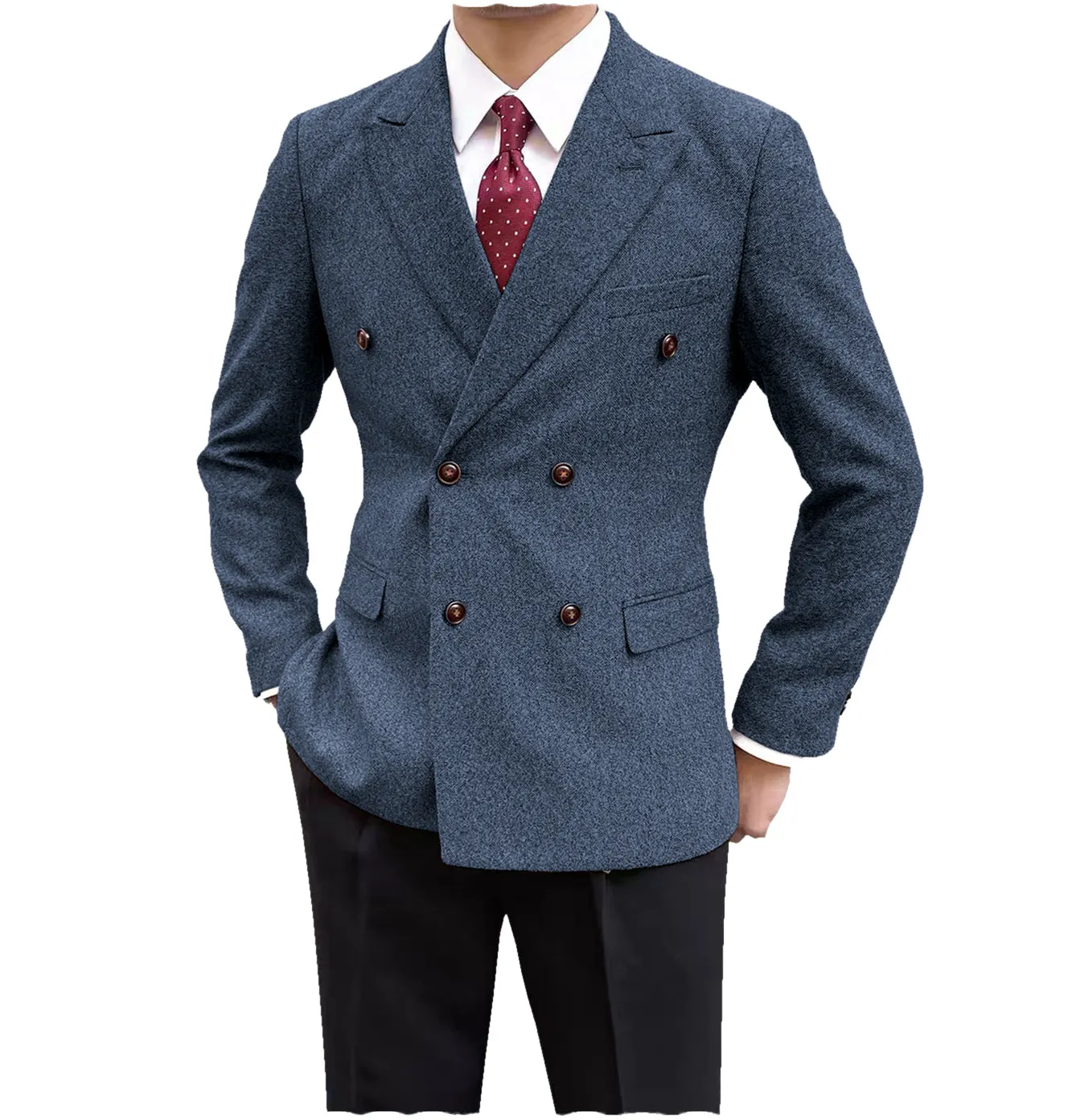 Formal Men's Wool Herringbone Peak Lapel Blazer
