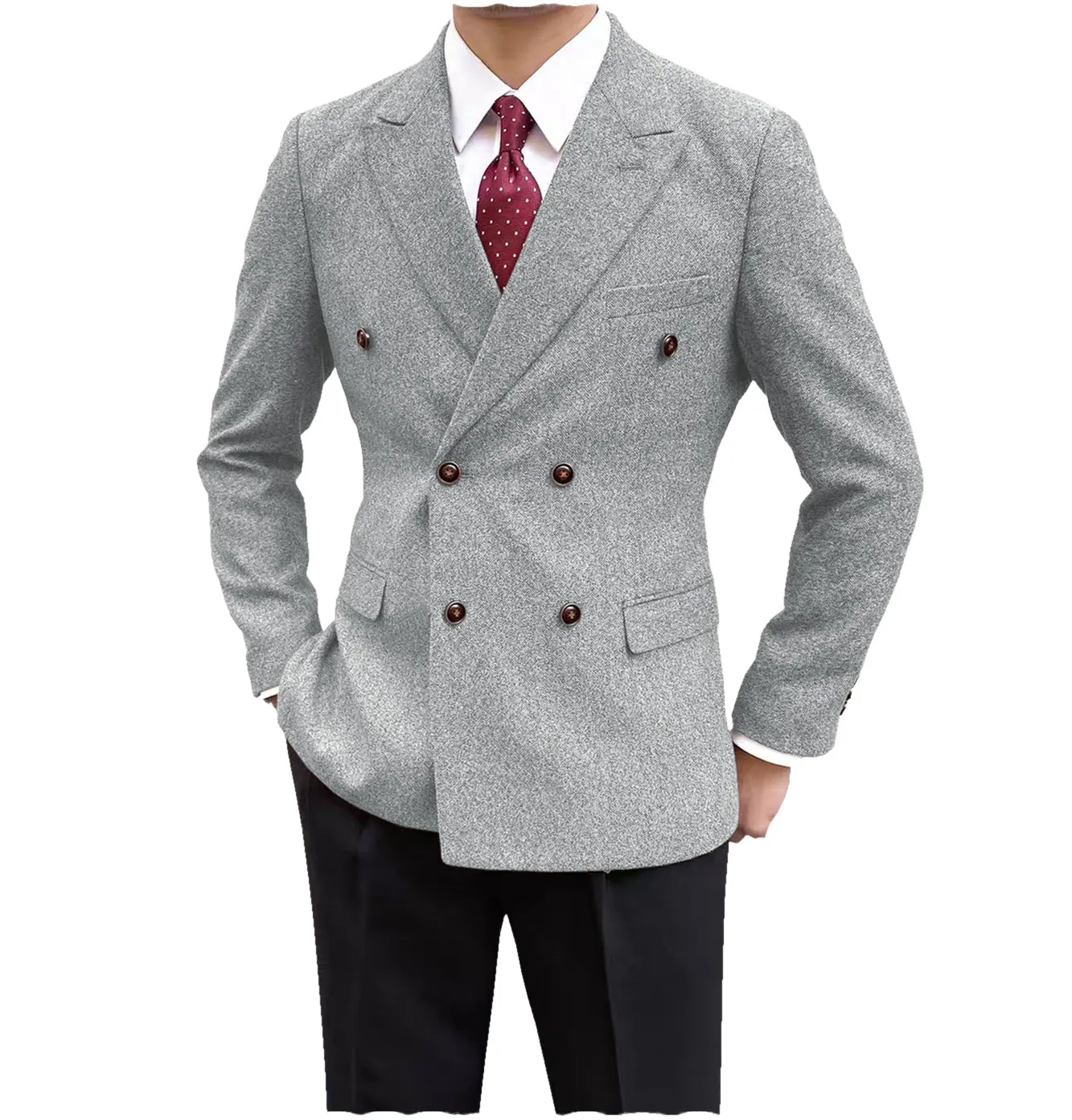 Formal Men's Wool Herringbone Peak Lapel Blazer