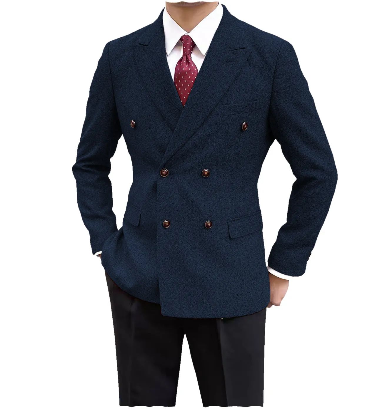 Formal Men's Wool Herringbone Peak Lapel Blazer