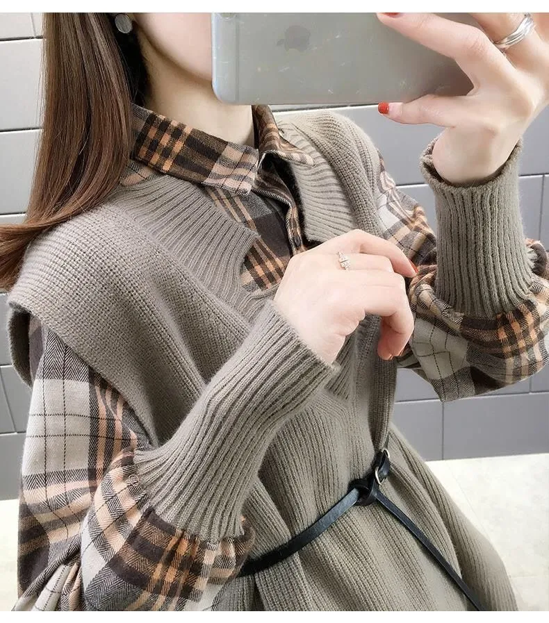 Frostline Long sleeves plaid shirt with Knit Vest