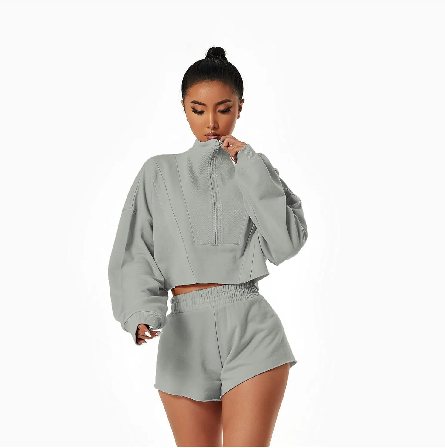 HerGymClothing Womens Cropped Sweatshirt Long Sleeve Half Zip Loose Workout Crop Athletic Jacket