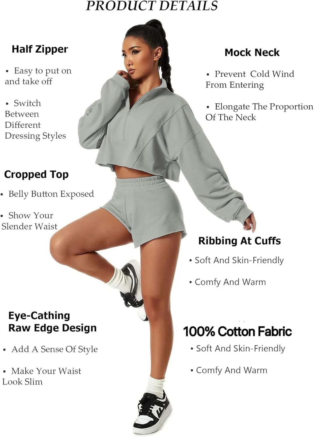 HerGymClothing Womens Cropped Sweatshirt Long Sleeve Half Zip Loose Workout Crop Athletic Jacket