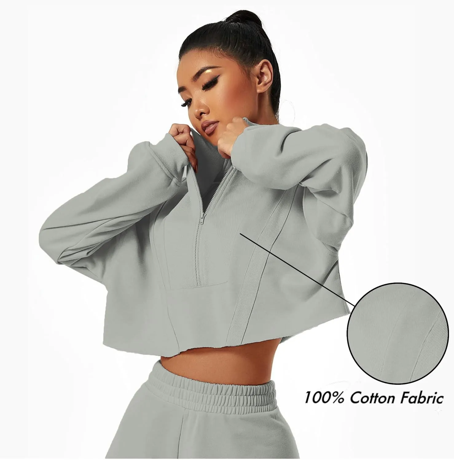 HerGymClothing Womens Cropped Sweatshirt Long Sleeve Half Zip Loose Workout Crop Athletic Jacket
