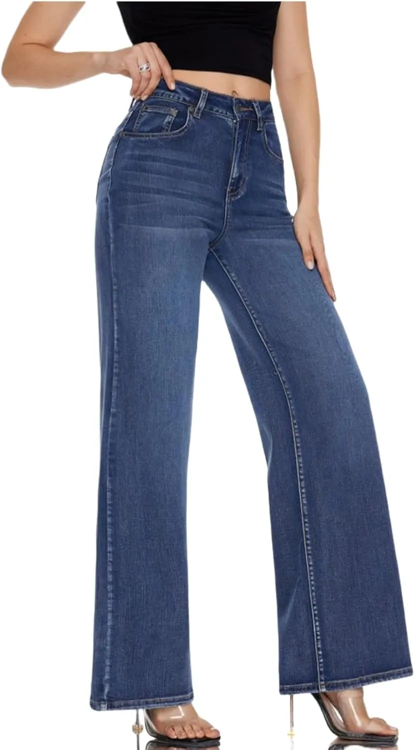 High Waist Stretchy Wide Leg Jeans for Women Basic Straight Denim Pants Raw Hem Underwear Trouser