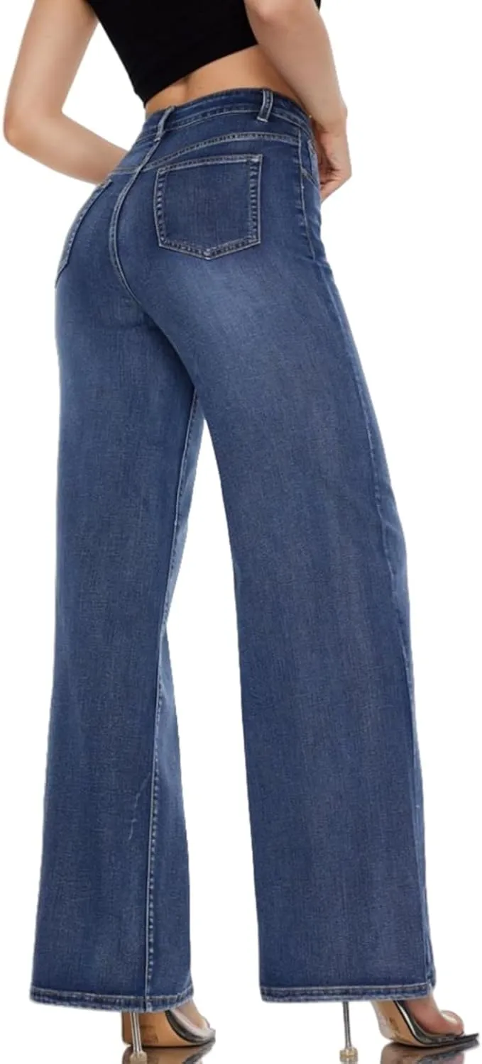 High Waist Stretchy Wide Leg Jeans for Women Basic Straight Denim Pants Raw Hem Underwear Trouser