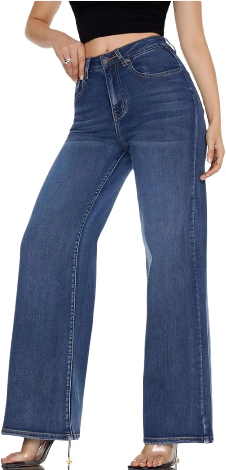 High Waist Stretchy Wide Leg Jeans for Women Basic Straight Denim Pants Raw Hem Underwear Trouser