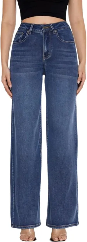 High Waist Stretchy Wide Leg Jeans for Women Basic Straight Denim Pants Raw Hem Underwear Trouser
