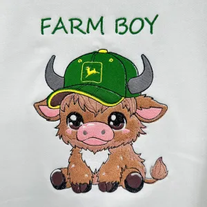Highland Cow John Deere Farm Boy Embroidered YOUTH Crewneck Sweatshirt