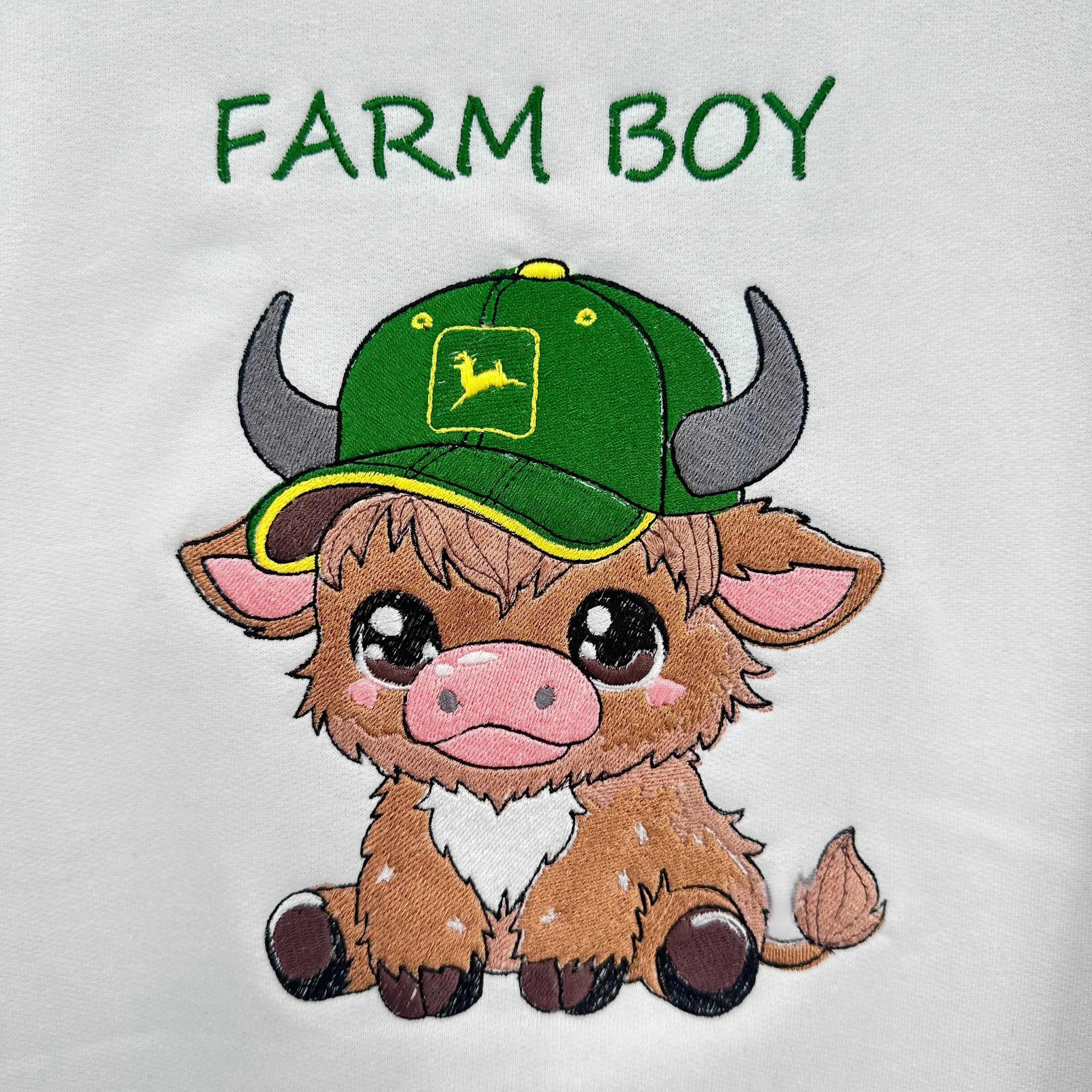 Highland Cow John Deere Farm Boy Embroidered YOUTH Crewneck Sweatshirt