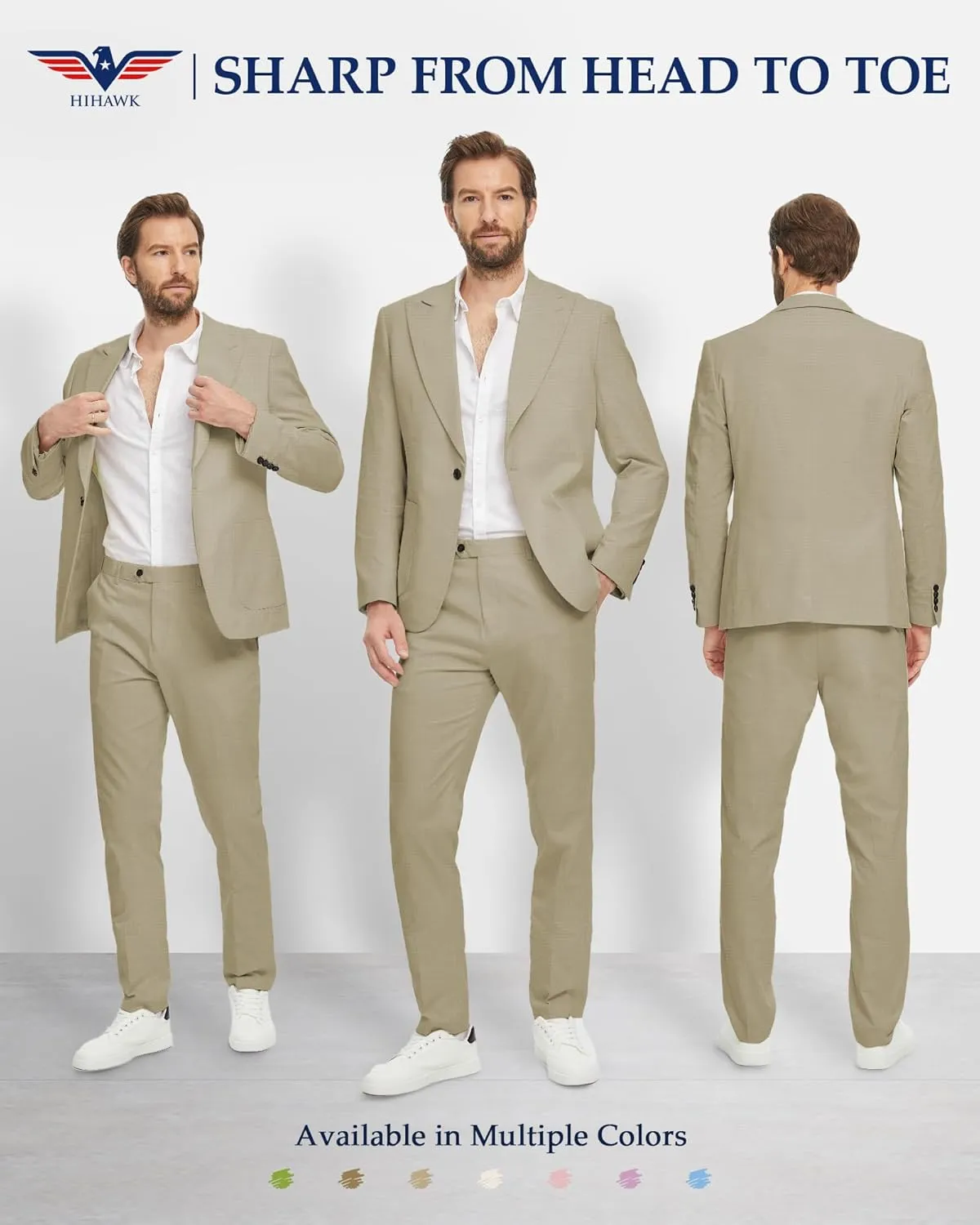 Hihawk Linen Suit for Men, 2 Pieces Casual Blazer and Pants, Summer Beach Wedding Suit Groomsmen Prom Tuxedo